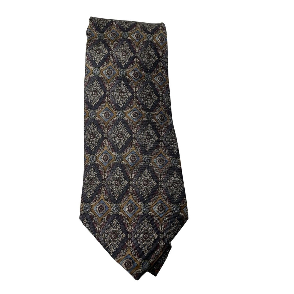 Bill Blass Vtg Silk Tie USA Made Geometric Medallion Brown Blue Gold Necktie